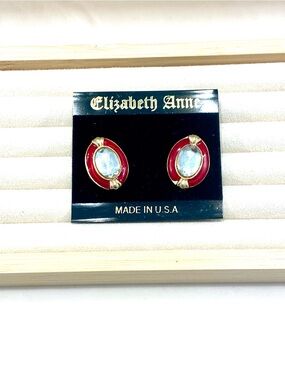 Vintage Elizabeth Anne Earrings Red Enamel Oval Crystal Gold Studs Made In USA